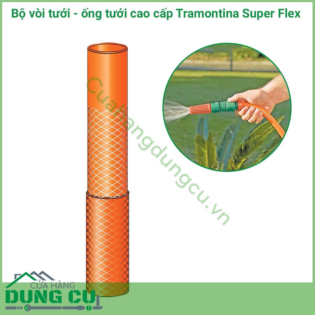 Bộ ống tưới - vòi tưới cao cấp Tramontina Super Flex 15M là loại ống có độ chắc chắn, độ bền cao, thích hợp cho bạn dùng tưới vườn, tưới cảnh quan, hay có thể dùng tải nước xịt rửa xe, vệ sinh nhà cửa, chuồng trại.