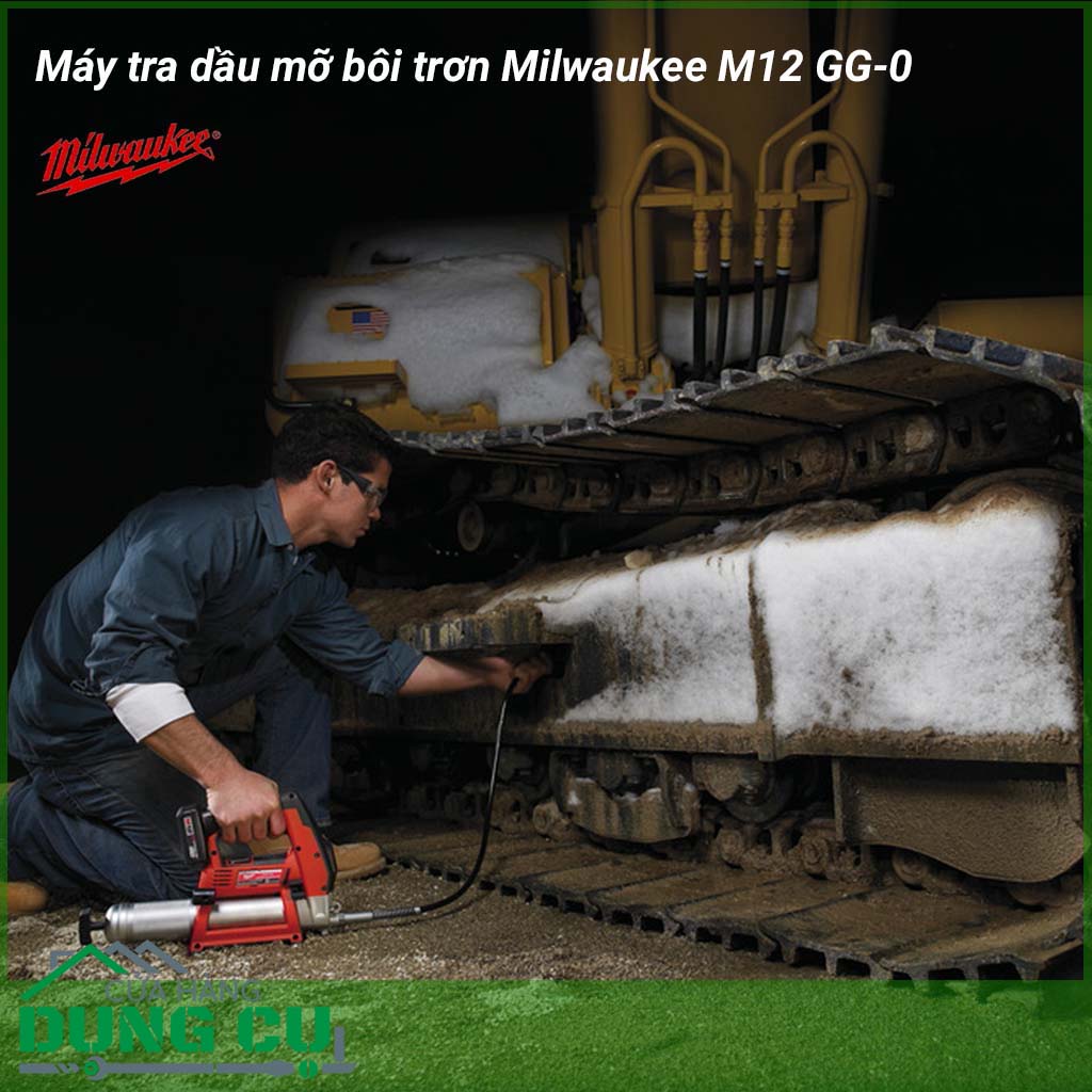 Máy tra mỡ Milwaukee M12 GG-0 thiết bị phụ trợ không dây chuyên nghiệp dùng để bôi mỡ vào các bu lông, ốc vít để ngăn ngừa những hiện tượng cháy ren, mài mòn,...để nâng cao hiệu suất công việc. 