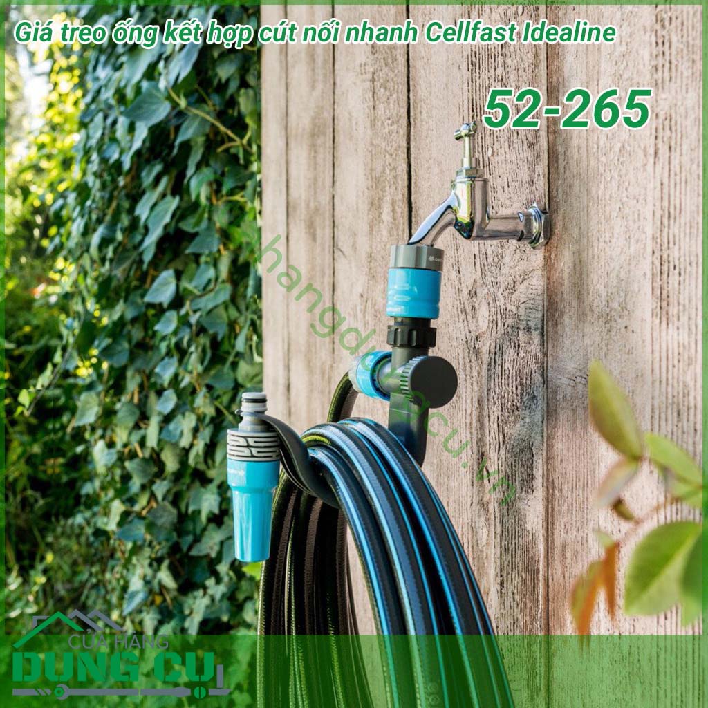 Giá treo ống kết hợp cút nối nhanh Cellfast 52-265 giá treo ống được trang bị các đầu kết nối giúp kết nối ống dẫn đến vòi tưới và các phụ kiện khác.