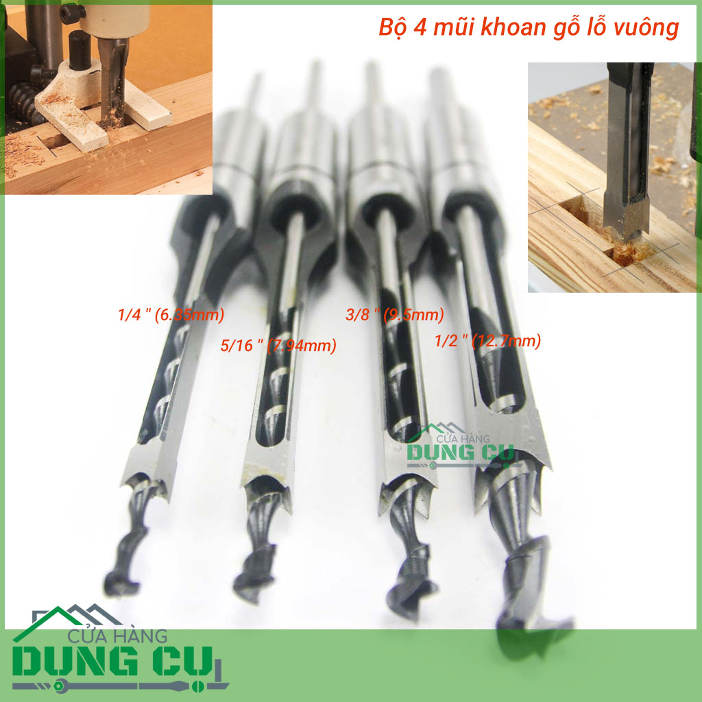 Bộ 4 mũi khoan đục lỗ vuông tạo mộng trên gỗ 6.5-12.7mm