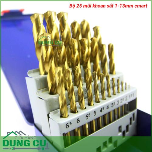 Bộ 25 mũi khoan sắt 1-13mm A0100B C-Mart Tools,DIN 338, HSS TiN