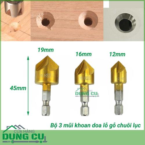 Bộ 3 mũi doa lỗ gỗ chuôi lục phủ Titanium