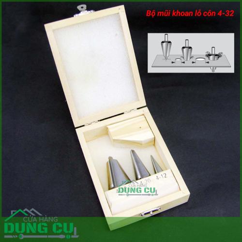 Bộ 3 mũi khoan lỗ côn 4-32mm hộp gỗ thép gió HSS 4241 và HSS 6542