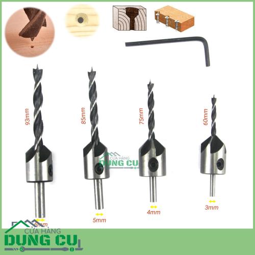 Bộ 4 mũi khoan gỗ âm mũ vít đầu đinh chuôi tròn 3-6mm thép gió