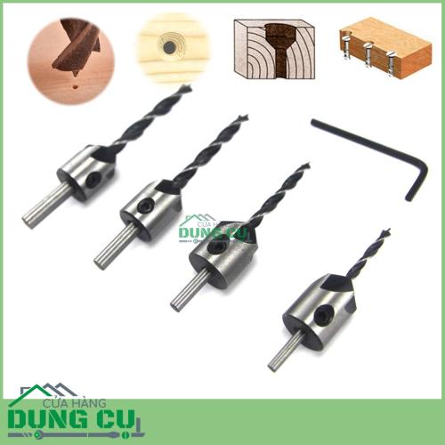 Bộ 4 mũi khoan gỗ âm mũ vít đầu đinh chuôi tròn 3-6mm thép gió