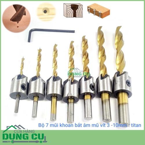 Bộ 7 mũi khoan gỗ đầu đinh bắt âm mũ vít phủ titanium