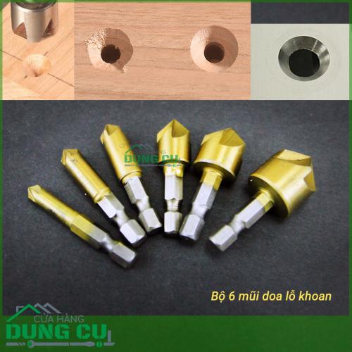 Bộ 6 mũi doa lỗ gỗ dạng 5 lưỡi phay chuôi lục bằng thép carbon cao phủ Titanium