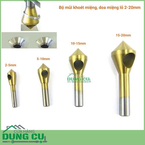 Bộ 4 mũi doa lỗ kim loại dạng đầu nón lỗ phay xiên 2-20mm phủ titanium