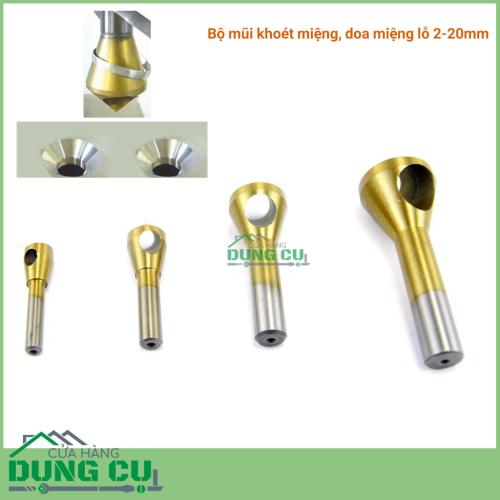 Bộ 4 mũi doa lỗ kim loại dạng đầu nón lỗ phay xiên 2-20mm phủ titanium