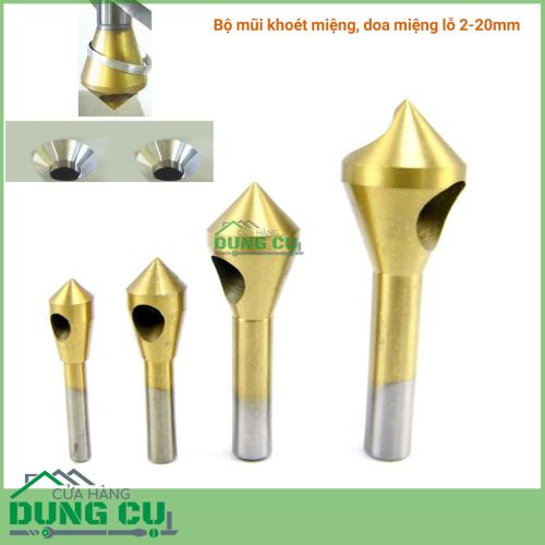 Bộ 4 mũi doa lỗ kim loại dạng đầu nón lỗ phay xiên 2-20mm phủ titanium