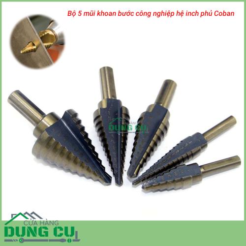 Bộ 5 mũi khoan bước công nghiệp hệ inch thép HSS cô ban hộp nhôm