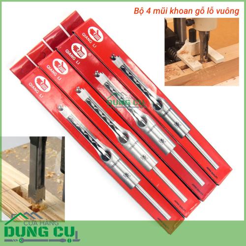 Bộ 4 mũi khoan đục lỗ vuông tạo mộng trên gỗ 6.5-12.7mm