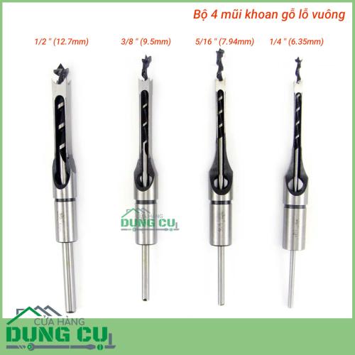 Bộ 4 mũi khoan đục lỗ vuông tạo mộng trên gỗ 6.5-12.7mm