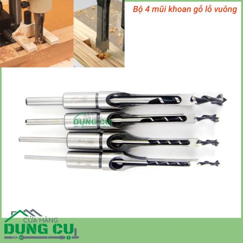 Bộ 4 mũi khoan đục lỗ vuông tạo mộng trên gỗ 6.5-12.7mm