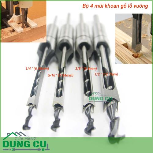 Bộ 4 mũi khoan đục lỗ vuông tạo mộng trên gỗ 6.5-12.7mm