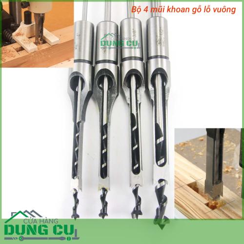 Bộ 4 mũi khoan đục lỗ vuông tạo mộng trên gỗ 6.5-12.7mm