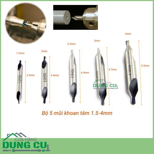 Bộ 5 mũi khoan định tâm đầu 1.5-4mm, góc côn chuẩn 60°