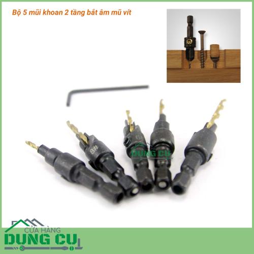 Bộ 5 mũi khoan 2 tầng chỉnh cữ bắt âm mũ vít 2-3.55mm