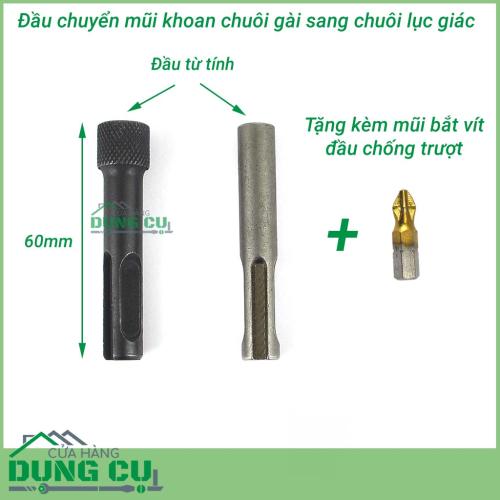 Đầu chuyển máy khoan chuôi cài sang chuôi lục giác kèm mũi bắt vít