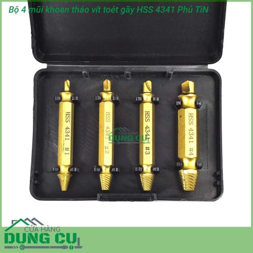 Bộ 4 mũi tháo bu lông ốc vít gãy toét đầu thép HSS 4341 phủ TiN