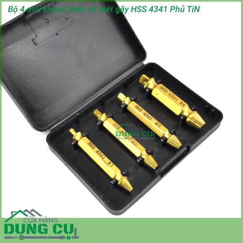 Bộ 4 mũi tháo bu lông ốc vít gãy toét đầu thép HSS 4341 phủ TiN