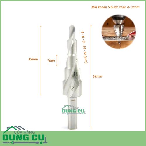 Mũi khoan bậc 5 bước xoắn 4-12mm trắng kim cương chuôi tròn