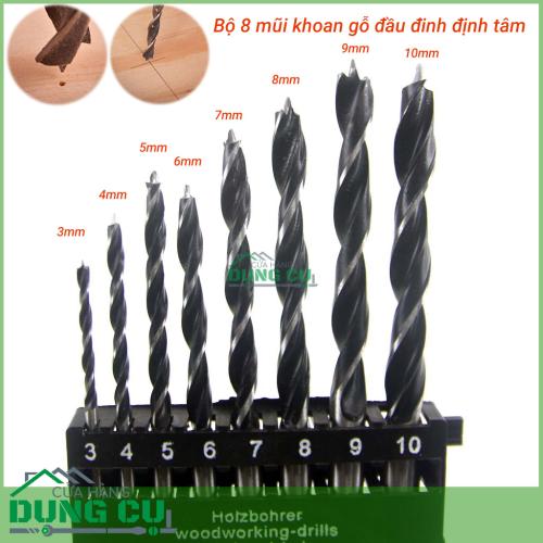 Bộ 8 mũi khoan gỗ đầu đinh định tâm 3-10mm chuôi tròn