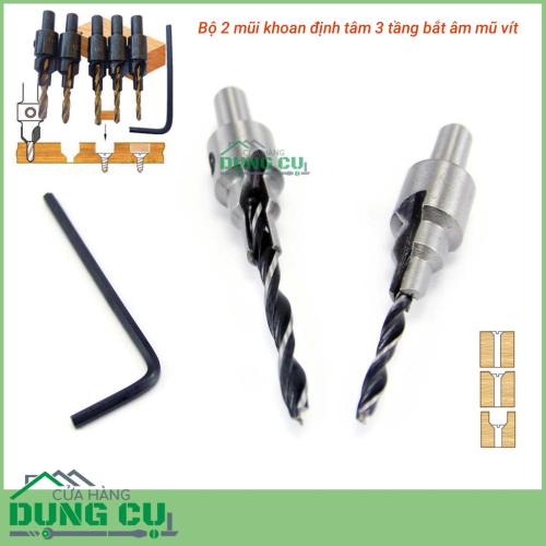 Bộ 2 mũi khoan gỗ định tâm 3 tầng bắt âm mũ vít