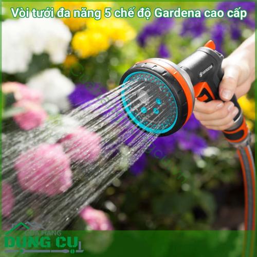 Vòi tưới 5 chế độ đa năng cao cấp Gardena được làm bằng kim loại kết hợp nhựa siêu bền. Súng phun với 5 chức năng tưới khác nhau giúp cho người sử dụng dễ dàng lựa chọn chế độ tưới thích hợp cho từng loại cây trồng