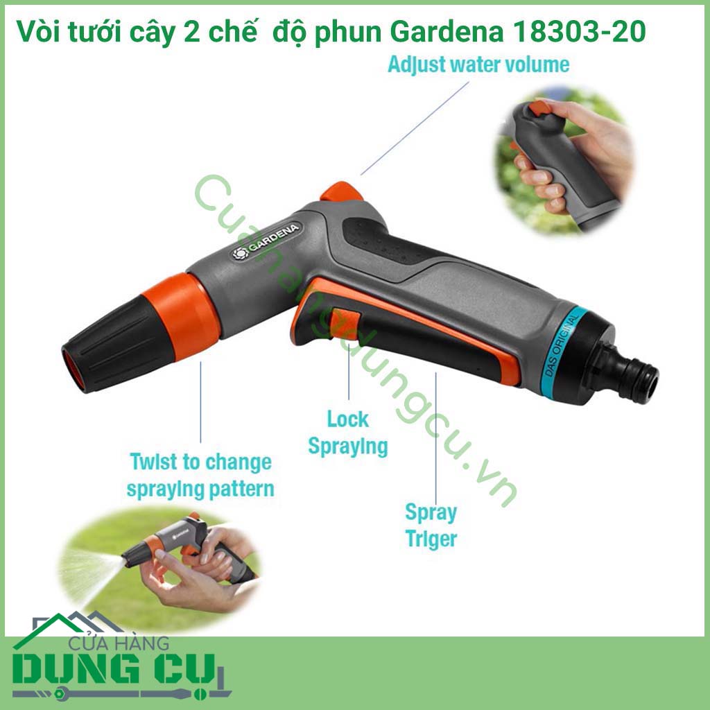 Vòi tưới cây 2 chế độ phun Gardena 18303-20 được thiết kế để có thể điều chỉnh chế độ phun, từ phun tia sang phun chùm phù hợp với tưới đa dạng loại cây, hoa, ban công...