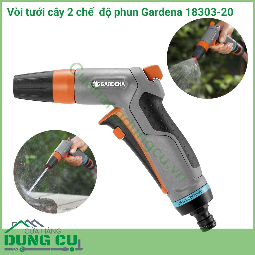 Vòi tưới cây 2 chế độ phun Gardena 18303-20 được thiết kế để có thể điều chỉnh chế độ phun, từ phun tia sang phun chùm phù hợp với tưới đa dạng loại cây, hoa, ban công...