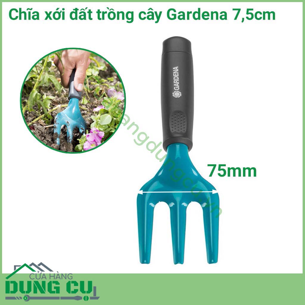 Chĩa xới đất trồng cây Gardena 7,5cm được thiết kế hinh dáng công năng học giúp thoải mái khi xử lý, tay cầm trống trơn trượt. Kích thước phù hợp cả cho những chậu cây cảnh cũng như làm đất ngoài sân vườn.