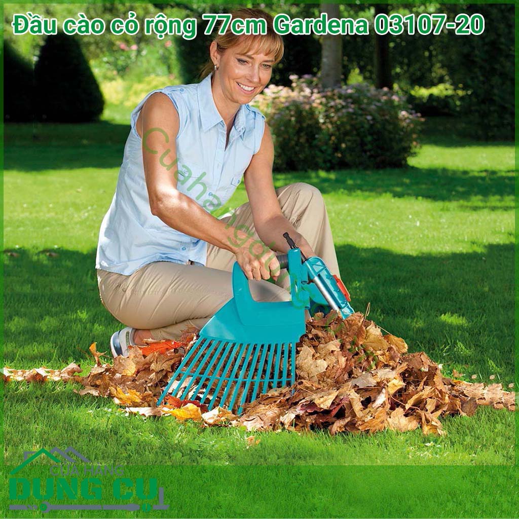 Đầu cào cỏ rộng 77cm Gardena 03107-20 phù hợp để cào lá, cắt cỏ và các mảnh vụn khác trong vườn. Đầu cào có thể gập lại và sử dụng như 1 công cụ bốc lá và cỏ sau khi đã thu gom thành đống.