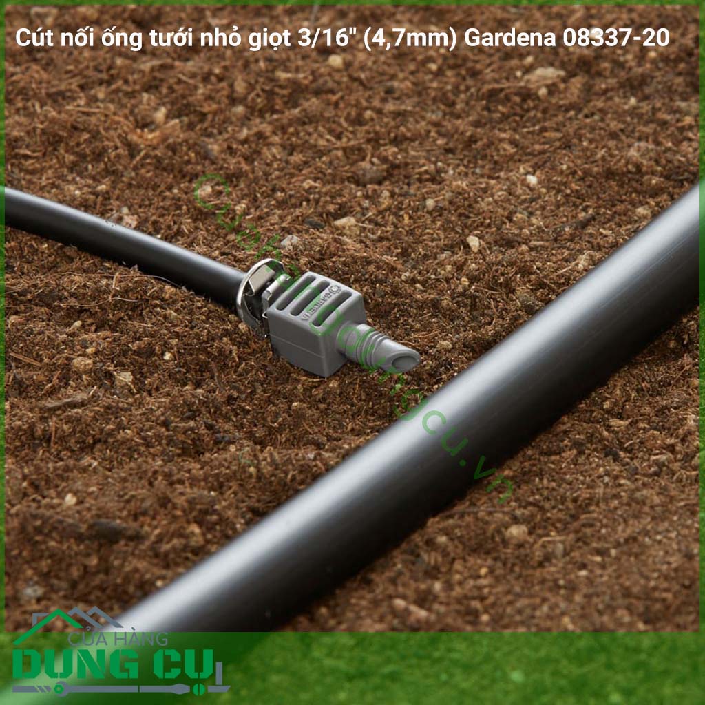 Cút nối ống tưới nhỏ giọt 3/16 inch Gardena 08337-20 là một phần trong hệ thống tưới nhỏ giọt Gardena sử dụng để kết nối cho việc đi đường ống tưới và chuyển đổi từ ống nhỏ giọt 13mm sang ống 4,6mm.