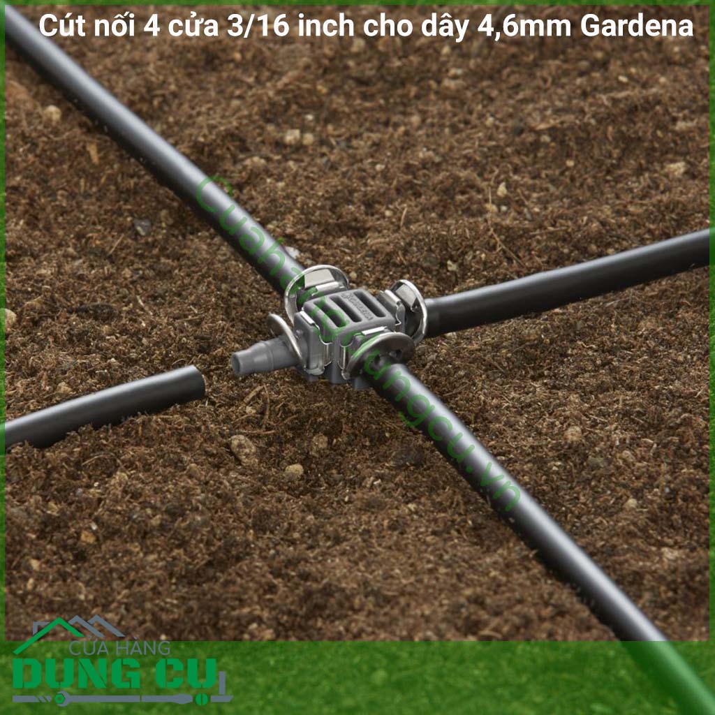 Cút nối ống 4 cửa 3/16 inch cho dây 4,6mm Gardena 08334-20 là một phần trong hệ thống tưới nhỏ giọt Gardena sử dụng để kết nối cho việc đi đường ống tưới.