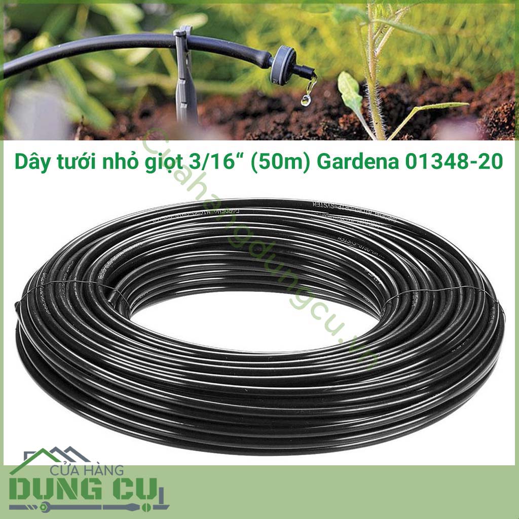 Dây tưới nhỏ giọt 3/16 inch 50m Gardena 01348-20 là đường dây phụ cung cấp cho hệ thống tưới nhỏ giọt đến từng cây riêng lẻ. Dây được làm bằng vật liệu chất lượng cao cho chất lượng sản phẩm tốt và thời gian sử dụng lâu dài.