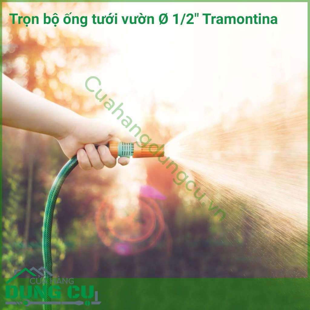 Trọn bộ ống tưới vườn Ø 1/2″ Tramontina dài 6m là loại ống có độ chắc chắn, độ bền cao thích hợp cho bạn dùng tưới vườn, tưới cảnh quan, hay có thể dùng tải nước xịt rửa xe, vệ sinh nhà cửa, chuồng trại.
