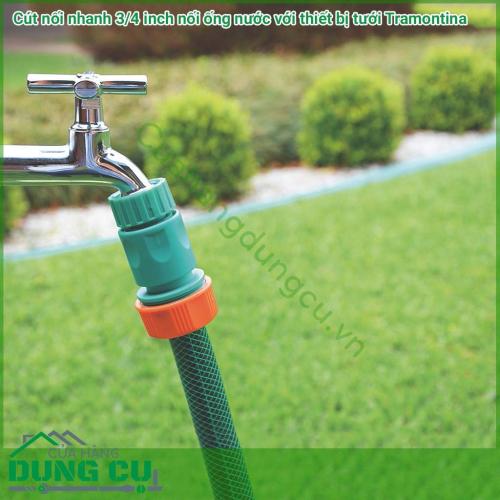 Cút nối nhanh 3/4 inch nối ống nước với thiết bị tưới Tramontina là cút nối thông minh được sản xuất tại Brazil thuộc thương hiệu Tramontina. Sản phẩm được sản xuất với chất liệu chất lượng cao, đảm bảo độ bền, chống chịu tốt dùng kết nối ống tưới cây.