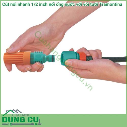 Cút nối nhanh 1/2 inch nối ống nước với vòi tưới Tramontina là cút nối thông minh được sản xuất tại Brazil thuộc thương hiệu tập đoàn Tramontina. Sản phẩm được sản xuất với chất liệu chất lượng cao, đảm bảo độ bền, chống chịu tốt dùng tưới cây.