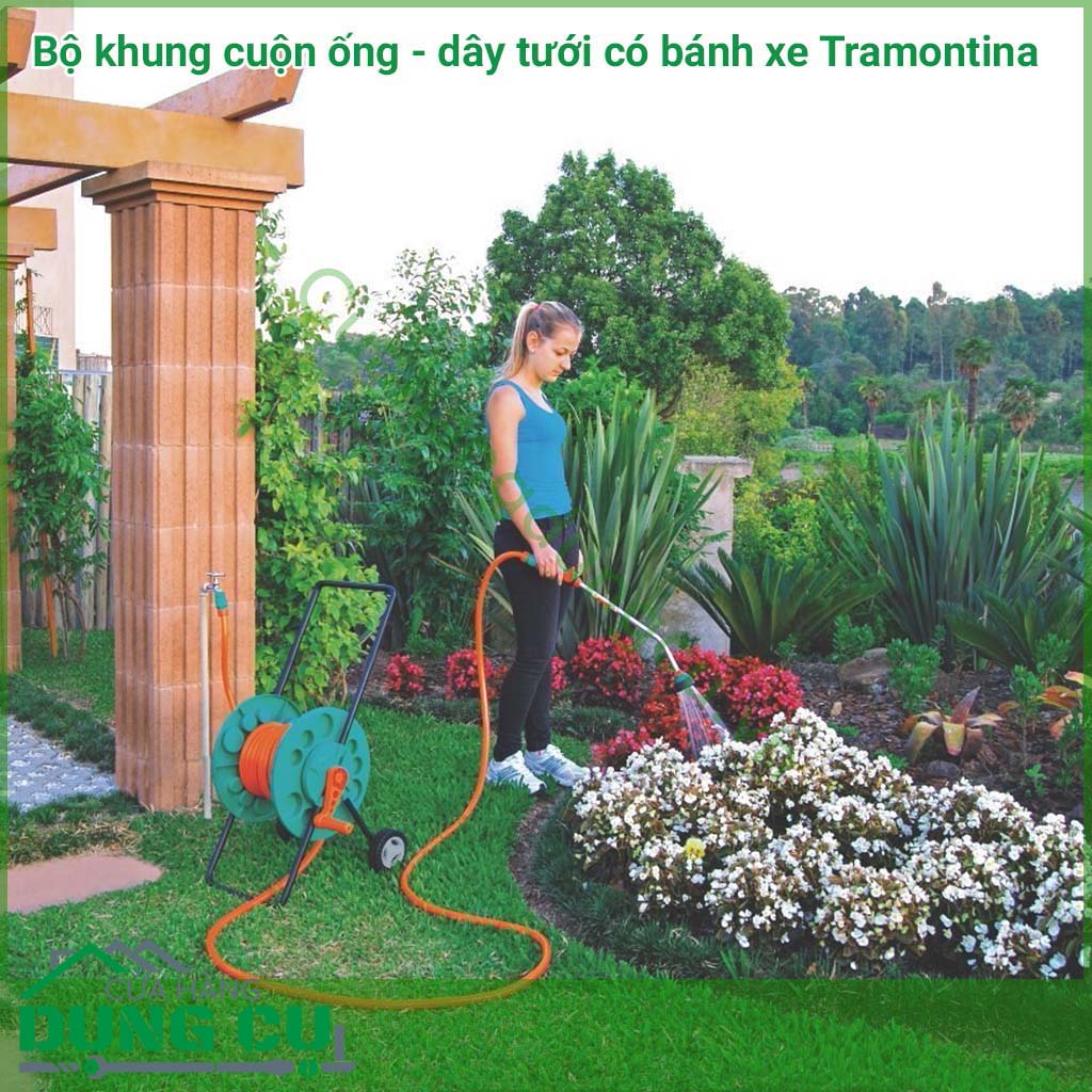 Bộ khung cuộn ống tưới, dây tưới có bánh xe Tramontina rất hữu ích cho gia đình dùng cuốn dây rửa xe, ống tưới vườn, dây dọn rửa nhà vệ sinh.