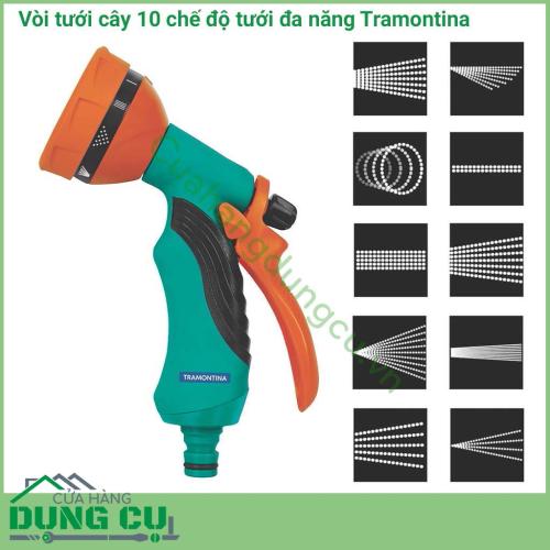 Vòi tưới cây 10 chế độ tưới Tramontina là sản phẩm được sản xuất với chất liệu chất lượng cao dùng cho tưới cây. Dùng để tưới vườn, phun xịt rửa xe và tưới rau rất tiện lợi. Vòi tưới đa năng với 10 chế độ phun xịt dễ dàng điều chỉnh. 