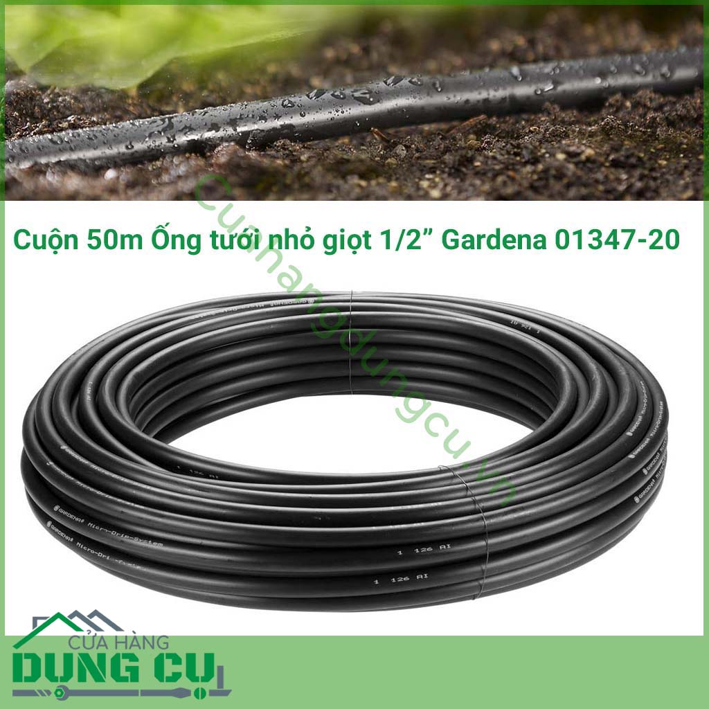 Cuộn 50m Ống tưới nhỏ giọt 1/2 inch (13mm) Gardena 01347-20 là đường dây phụ cung cấp cho hệ thống tưới nhỏ giọt đến từng cây riêng lẻ, chiều dài của cuộn dây là 50 mét. 