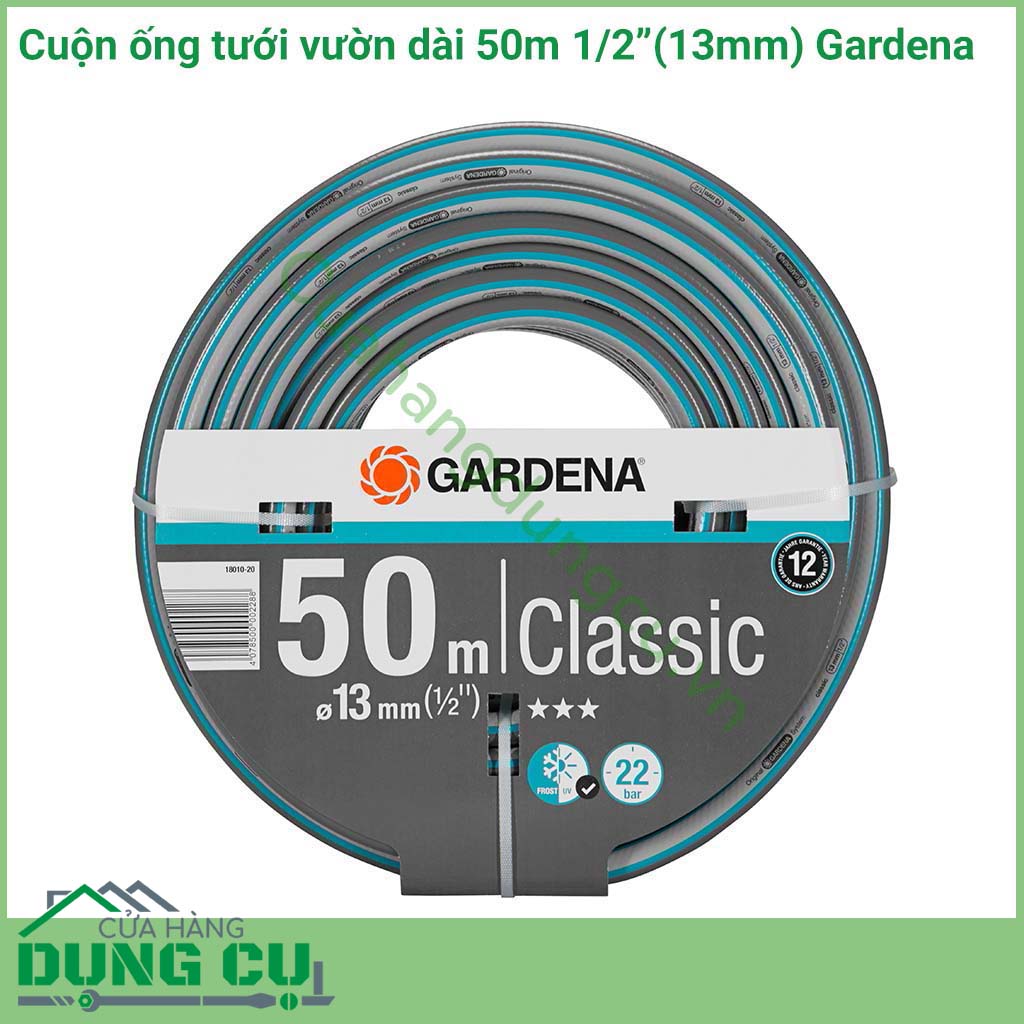 Cuộn ống dây tưới vườn dài 50m 1/2 inch Gardena 18010-20 là ống dây dẫn nước có chiều dài 50m với đường kính ống 13mm bền bỉ, chắc chắn cho người sử dụng.