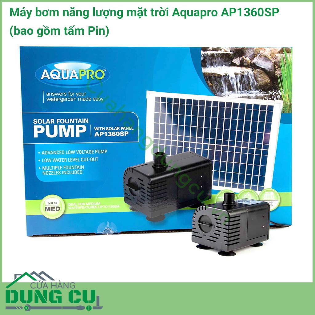 Máy bơm năng lượng mặt trời Aquapro AP1360SP thiết kế nhỏ gọn, tiết kiệm được chi phí điện năng, thân thiện với môi trường, được thiết kế theo tiêu chuẩn Úc. 