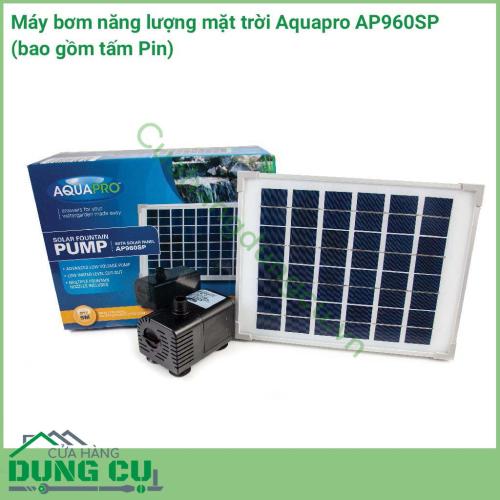 Máy bơm năng lượng mặt trời Aquapro AP960SP (bao gồm tấm Pin). Đây là một máy bơm điện áp thấp, an toàn, lý tưởng cho các bể hồ cá thủy sinh lên tới 960 lít và đi kèm với bộ điều chỉnh lưu lượng giúp bạn dễ dàng quản lý lưu lượng một cách hoàn hảo.