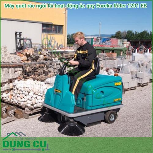 Máy quét rác ngồi lái hoạt động bằng ắc quy Eureka Rider 1201 EB phù hợp sử dụng ở khu công nghiệp, trường học, sân bay, ..Có thể làm sạch trên các bề mặt : Gốm sứ, đá, xi măng, bề mặt không trơn trượt, sứ ốp lát và nhiều điều kiện bẩn khác.