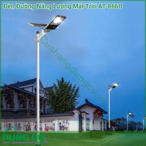 Đèn đường năng lượng mặt trời AT-8660 đèn tích hợp bộ cảm biến ánh sáng, tự động sáng đèn khi trời tối và tắt đèn khi trời sáng. Sử dụng chiếu sáng như đèn đường, đèn sân vườn cho biệt thự,...Chế độ sáng thông minh tiết kiệm điện.