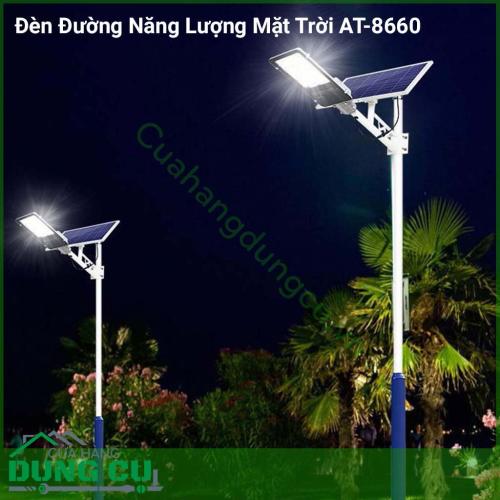 Đèn đường năng lượng mặt trời AT-8660 đèn tích hợp bộ cảm biến ánh sáng, tự động sáng đèn khi trời tối và tắt đèn khi trời sáng. Sử dụng chiếu sáng như đèn đường, đèn sân vườn cho biệt thự,...Chế độ sáng thông minh tiết kiệm điện.