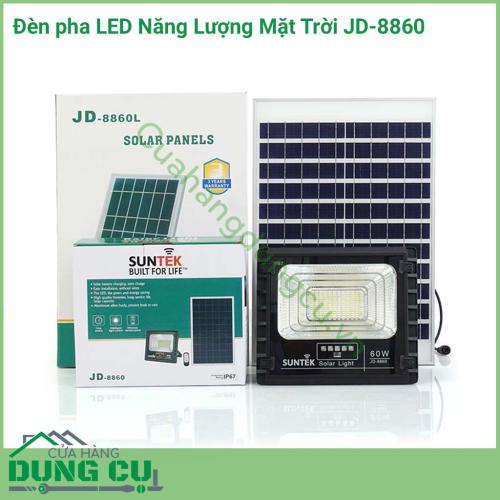 Đèn pha LED năng lượng mặt trời JD-8860 sử dụng chiếu sáng như đèn sân vườn cho biệt thự, đèn đường, đèn cho các khu đất rộng, khu vườn, khu ao, vuông tôm...Đèn tích hợp bộ cảm biến ánh sáng, tự động sáng đèn khi trời tối và tắt đèn khi trời sáng.