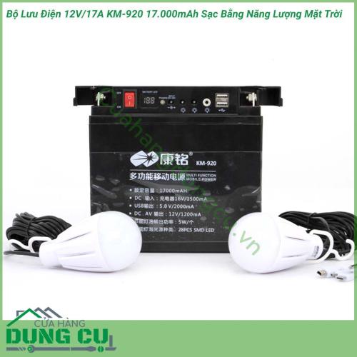 Bộ lưu điện 12V/17A KM-920 17.000mAh sạc bằng năng lượng mặt trời là một vật dụng đa chức năng được dùng làm nguồn sáng khi mất điện có thể mang theo trong các chuyến du lịch vừa có tính năng PIN sạc dự phòng(sạc cho điện thoại, máy tính bảng,…)